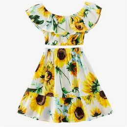 Retail Summer Girl Clothing Sets Sunflower Print Beach Dresses Shoulderless Top+Ruffles Long Skirt Kid Outfits E51216 210610