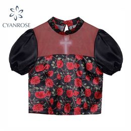 Summer Puff Short Sleeve Cheongsam Women's Blouse Korean Casual Vintage Floral Print Female Flannel Shirt Top 210515