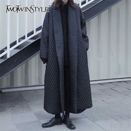 TWOTWINSTYLE Splicing Argyle Mid Parkas For Women V Neck Long Sleeve Casual Solid Cotton Coat Female Fashion Winter Stylish 211018