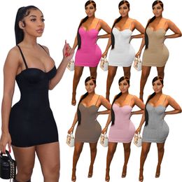 Wholesale Dresses Summer Women Bodycon Dress Spaghetti Straps Mini Skirt Nightclub Wear Sexy Package Hip Dress Solid black miniskirt Bulk 6980