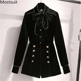 Spring Black Velvet Fashion 2 Piece Shorts Sets Women Bow Shirt + Gold Buttons Suits Vintage Office Korean 2 Pcs Set 210513