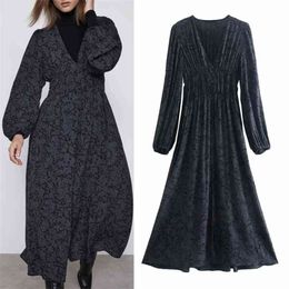 Black Printed Long Dress Women Puff Sleeve Vintage Midi Woman Hem Front Vent Ruched Casual es 210519