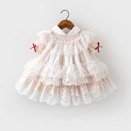 Summer Lolita Spanish Peter Pan Collar Floral Print Princess Ball Gown For Bady Girls Birthday Party Lace Dress Q0716