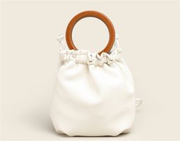 Women's bags Ring wooden handle handbag Lady casual soft leather fold bucket bag new shoulder messenger Crossbody Purses