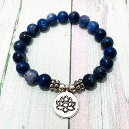SN0708 Natural Blue Sodalite Mala Bracelet Handamde Lotus Ohm Charm Yoga Bracelet Meditation Balance Buddhist Jewellery