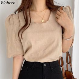 Elegant T Shirt Women V Neck Puff Sleeve Temperament Tees Solid Colour Loose Office Lady Shirts Korean Cotton Linen Tops 210519