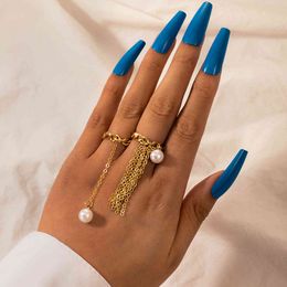 Personalised gold tassel pearl ring, versatile hollow fashion chain ring, 2-piece set
