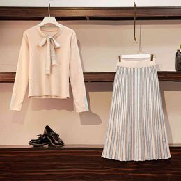Plus Size Women 2 Piece Set Autumn Winter Long Sleeve Bow Tie Striped Dress Knitted Sweater Suit Skirt Two-piece Suit Drress 210515