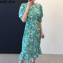 Korejpaa Women Dress Summer Chic Retro Fashion Flower Round Neck Open Back Lace Up Waist Puff Sleeve Fishtail Skirt Vestido 210526