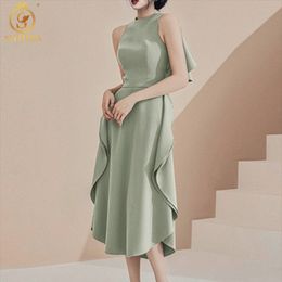 Fashion Korean Chic Ladies Green Summer Dresses High-End Temperament Ruffled Design Sleeveless Long Dress Vestidos 210520