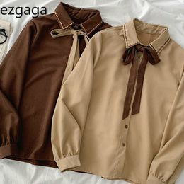 Ezgaga Vintage Elegant Shirts Women Autumn New Bowknot Lace Up Turn-Down Collar Office Lady Shirts Chic Korean Tops Fashion 210430