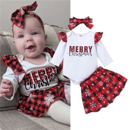 3Pcs Toddler Baby Girls Christmas Outfit Letter Print Ruffle Long Sleeve Romper Tops + Plaid Skirt + Headband Clothes Set