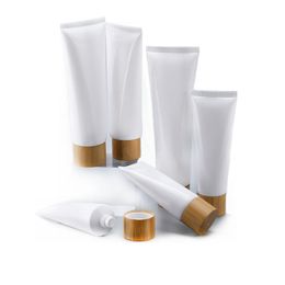 Vazio branco plástico espremo tubos garrafa creme cosmético frascos recarregáveis ​​viagens labial bálsamo com tampa de bambu