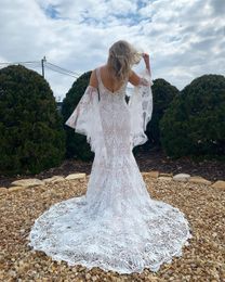 Boho Bridal Wedding Dress 2021 Mermaid French Lace vestidos de novia Detachable Sleeves Designer robe-de soirée-de mariage Deep V Neck Open Back Order-to-Made