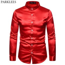 Mens Red Silk Like Satin Dress Shirts Brand Mandarin Collar Slim Fit Men Tuxedo Shirt Party Wedding Prom Male Disco Shirt 210522