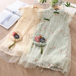 Summer 3 4 6 8 9 10 11 12 Years Chinese Style Kids Crew Neck Fly Sleeve Lace Cheongsam Dresses With Bag For Baby Girls 210529