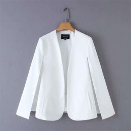 Women elegant black white Colour v neck split casual cloak coat office lady wear outwear suit jacket open stitch tops CT237 210928