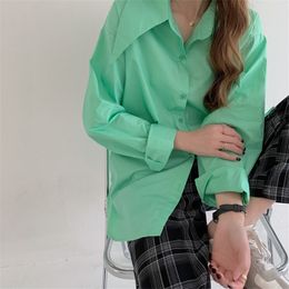 Spring Autumn OL Elegant Minimalist Basic Shirt Women Blouses Vintage Loose Lapel Long Sleeve Candy Colours Tops 210421