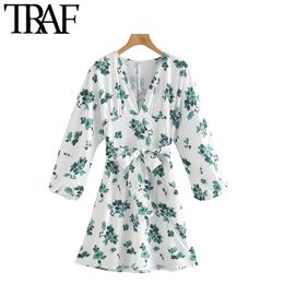 TRAF Women Chic Fashion Floral Print Bow Tie Sashes Mini Dress Vintage Long Sleeve Side Zipper Female Dresses Mujer 210415