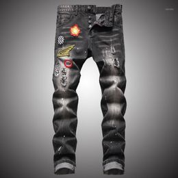 Black Ripped Jeans Men Fashion Streetwear Hole Denim Pants Male Casual Graffiti Print Straight Slim Fit NZ108 Men's