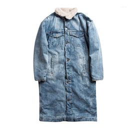 Men Denim Trench Coats Vintage Fleece Lined Long Winter Jeans Jackets For Male Size S-2XL Windbreak1