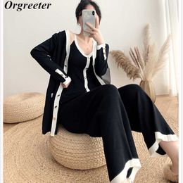 Elegant Women Work Two piece set Korean Knitted 3 Piece set Long Cardigan Coat + V-neck Single-breasted Vest +High Waist Pants Y0625