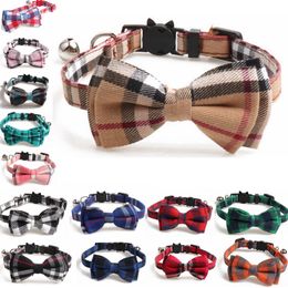 14 Colours Fashion Cat Collar Breakaway with Bell and Bow Tie Plaid Design Adjustable Safety Kitty Kitten British Style Collars Set 6.8-10.8in Blue