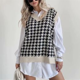 BLSQR Houndstooth Knitted Sweater Vest + White Blouse Oversized Shirt Vintage Female Waistcoat Sweater+ Irregular Tops 210430