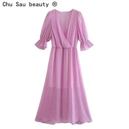 Summer Vintage Fashion Deep V-neck Pink Purple Chiffon High Waist Slim Puff Sleeve Midi Dresses Holiday Dress For Woman 210508