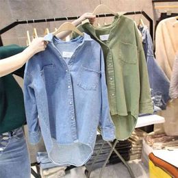 Spring Autumn Women's Blouses Hong Kong Style Solid Colour Denim Long-sleeved Top Loose and Thin Female Tops GX248 210507