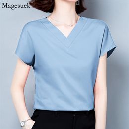 Office Lady Solid V-neck Short Sleeve Blouses Women Casual Summer Silk Satin Shirts Plus Size M-4XL Loose Tops Clothes 10297 210512