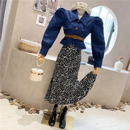 Autumn New women's denim jeans retro puff long sleeve sashes slim waist coat and print midi long skirt twinset dress suit ML