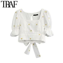 TRAF Women Sweet Fashion Floral Embroidery Cropped Blouses Vintage Pull Sleeve Back Bow Tie Female Shirts Chic Tops 210415