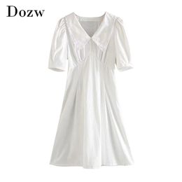 Women A Line White Dresses Summer Puff Short Sleeve Sweet Mini Female Turn Down Collar Solid Casual Vestido 210515