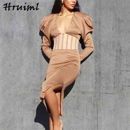 Elegant Dresses for Women Puff Sleeve Deep V Neck Bodycon Midi Dress Office Lady High Waist See Through Solid Party 210513