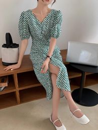 Summer Women Sexy V Neck Short Sleeve Beach Sundress Casual Dot Print Long Dress Vintage Party Split Dresses 210515