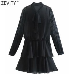 Women Elegant Lace Sleeve Patchwork Cascading Ruffle Black Mini Dress Chic Female Bow Tied Casual Vestido DS4972 210420