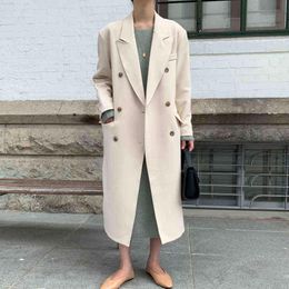 Korean Chic Apricot Long Coat Woman Winter Autumn Elegant Loose Trench Coat for Women Double Breasted Streetwear Jacket 211118