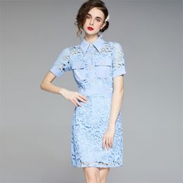 Vintage Summer Women Fashion Sexy Lace Hook Flowers Single Breasted Turn-down Collar Office OL Slim Party Dresses 210519