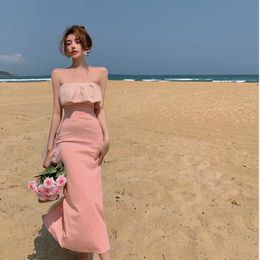 Long pink dress female tube top slim one-shoulder strapless elegant French girl slit summer 210604