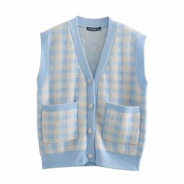 Women Spring Autumn Fashion Sweet Blue Lattice Sweater Female Girl Feeling V-Neck Vest Cardigan Chic Top 210520