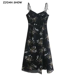 French Summer Black Grass Floral Print Bandage Spaghetti Strap Midi Dress Retro Sexy Women Lacing Up Sling Slit Vestido 210429