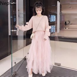 Neploe 2 Piece Sets Womens Outfits Knitted Sweater Tops Guaze Pleated Skirt Temperament Spring Clothes Sweet Suit Two Piece Set 210422