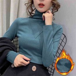 Turtleneck Brushed Sanding T shirt Women Solid Cotton Tops Stretchy Long Sleeve Autumn Winter T-shirt Tee Bottoming T9N391 210421