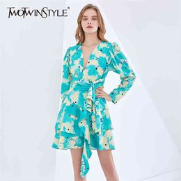 Print Patchwork Ruffle Dress For Female V Neck Long Sleeve High Waist Mini Dresses Fashion Clothing 210520