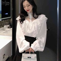 Sexy Lace Shirts Women Ruffles Turtleneck Autumn Womens Tops and Blouses Puff Sleeve Sweet White Black Blusas De Mujer 10783 210521