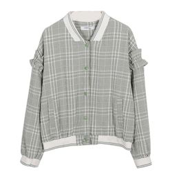 Women White Green Plaid Sport Bomber Jacket Ruffle Button Casual C0158 210514