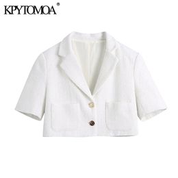 KPYTOMOA Women Fashion Metal Button Tweed Cropped White Blazer Coat Vintage Short Sleeve Pockets Female Outerwear Chic Tops 211122