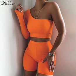 Nibber Casual Sports Asymmetry Long Sleeve Skinny Fitness Two Pieces Set For Women Fashion Off Shoulder Crop Top And Bike Shorts Y0625