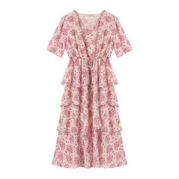 PERHAPS U Pink Purple Floral Print V Neck Empire Lace-up Bow Chiffon Half Sleeve Maxi Long Dress Boho Holiday Summer D1477 210529